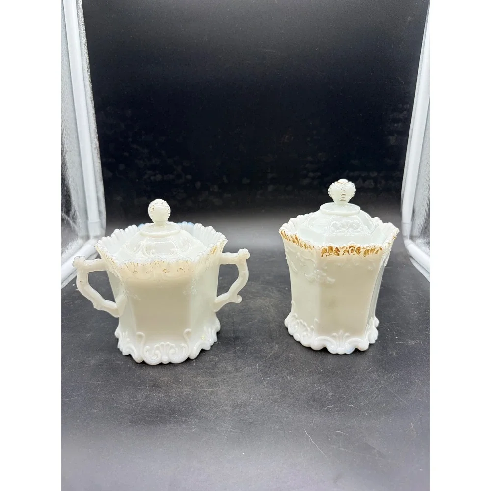 Vintage Westmoreland Milk Glass Princess Feather Sugar Bowl & Tea Canister Set